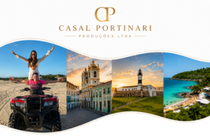 Banner do Casal Portinari com foto do casal viajando de quadriciclo e paisagens turísticas do Brasil.