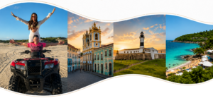 Banner do Casal Portinari com foto do casal viajando de quadriciclo e paisagens turísticas do Brasil.