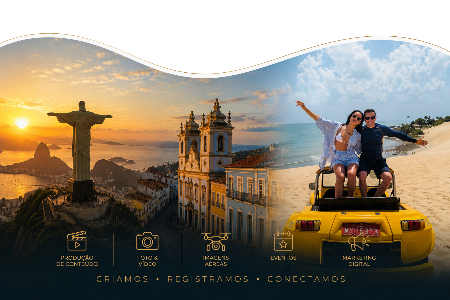 Banner institucional com paisagens turísticas do Brasil e casal em passeio de buggy nas dunas.